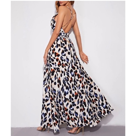 SHEIN all over print long FULL skirt dress criss cross open back DEEP V front 10 - Picture 3 of 15
